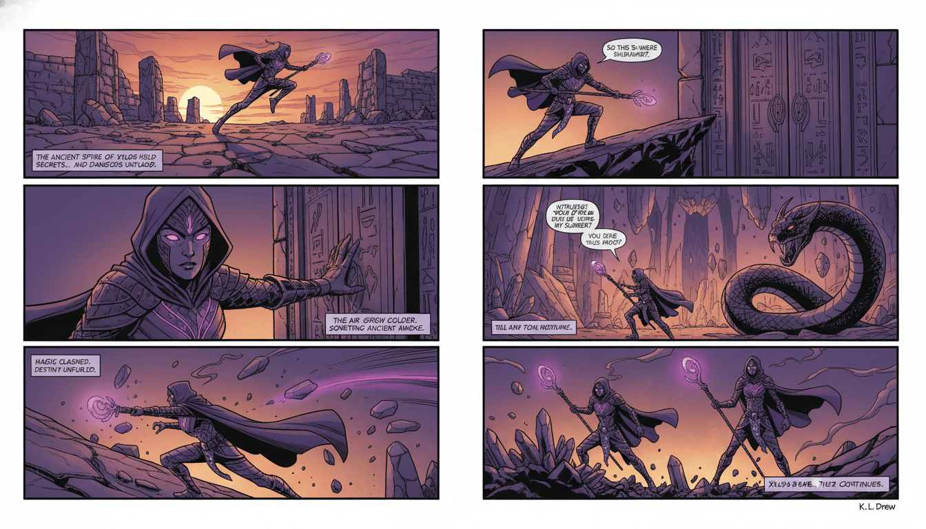 An original roleplay hero starring on-model in a finished multi-panel illustrated story page