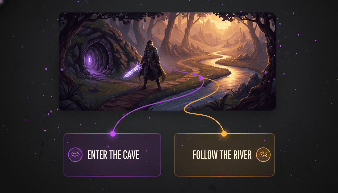 An illustrated choose-your-path roleplay adventure with a hero at a crossroads and two branching choice cards