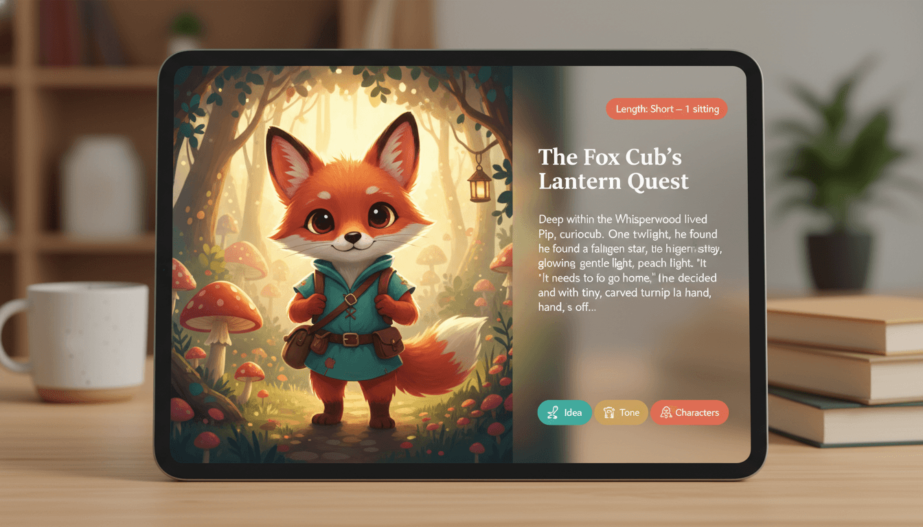 AI short story creator interface showing a complete illustrated short story with idea, tone and character controls