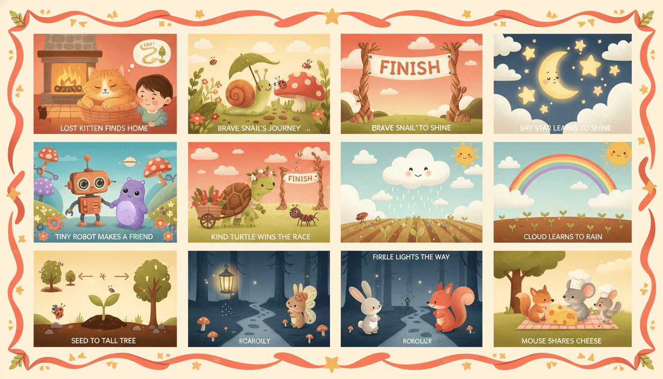 A grid of nine complete short story scenes — tidy self-contained tales across many themes