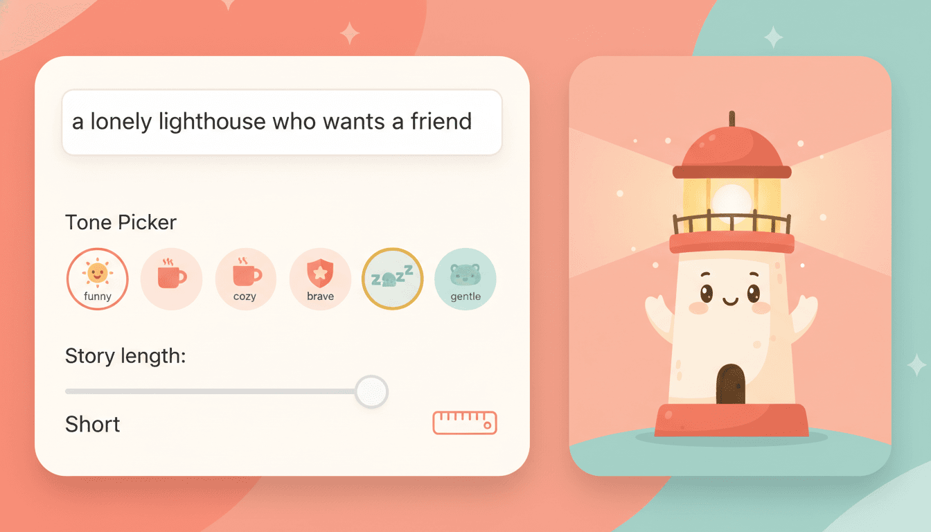 A short story builder screen with an idea field, a tone picker and a short story length slider
