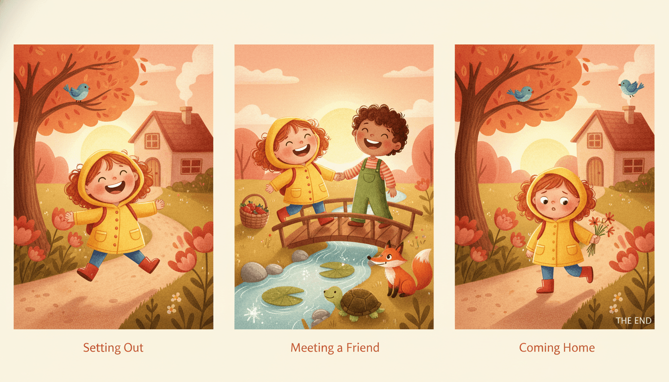 The same short-story character rendered on-model across three different illustrated story pages