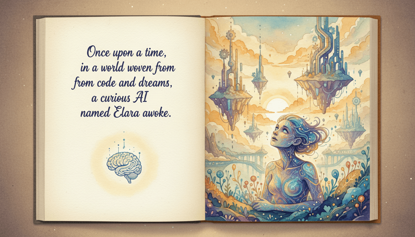 An AI story generated with pictures — text and matching artwork on every page