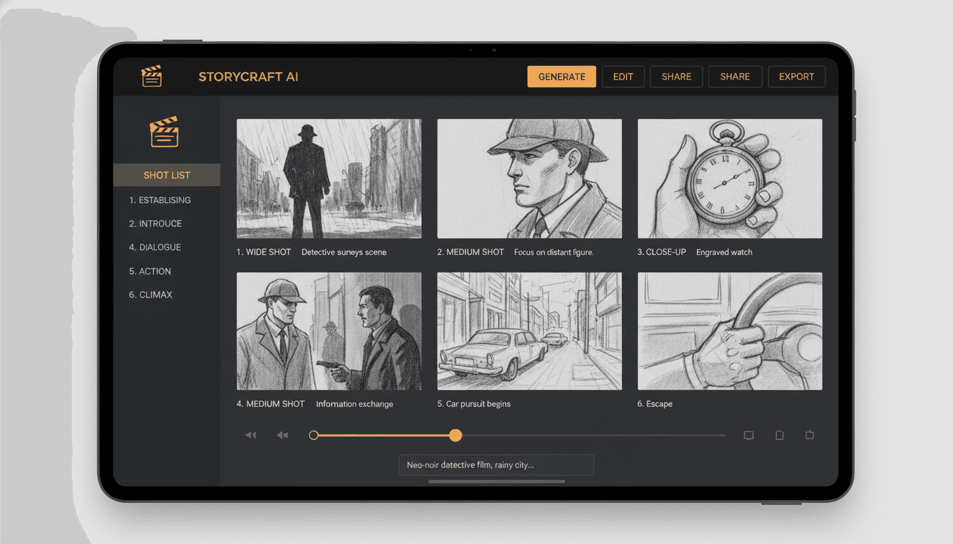 AI storyboard generator interface showing a generated film storyboard sequence with shot-type labels and action notes