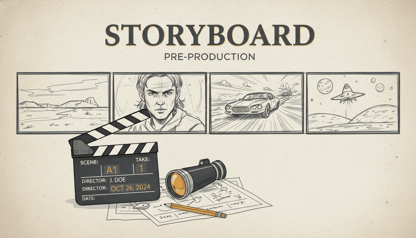A cinematic storyboard header banner with sketched film frames, a clapperboard, and a director viewfinder
