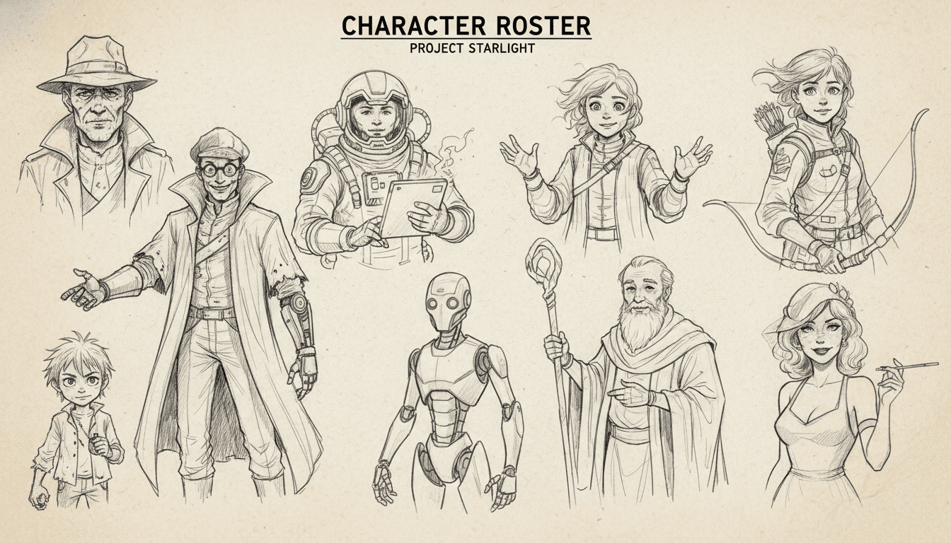 A character reference sheet of nine distinct film characters drawn in clean storyboard pencil-sketch style