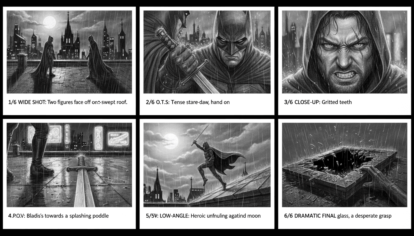 A finished cinematic storyboard sequence of six frames with shot numbers, camera-angle labels, and action notes