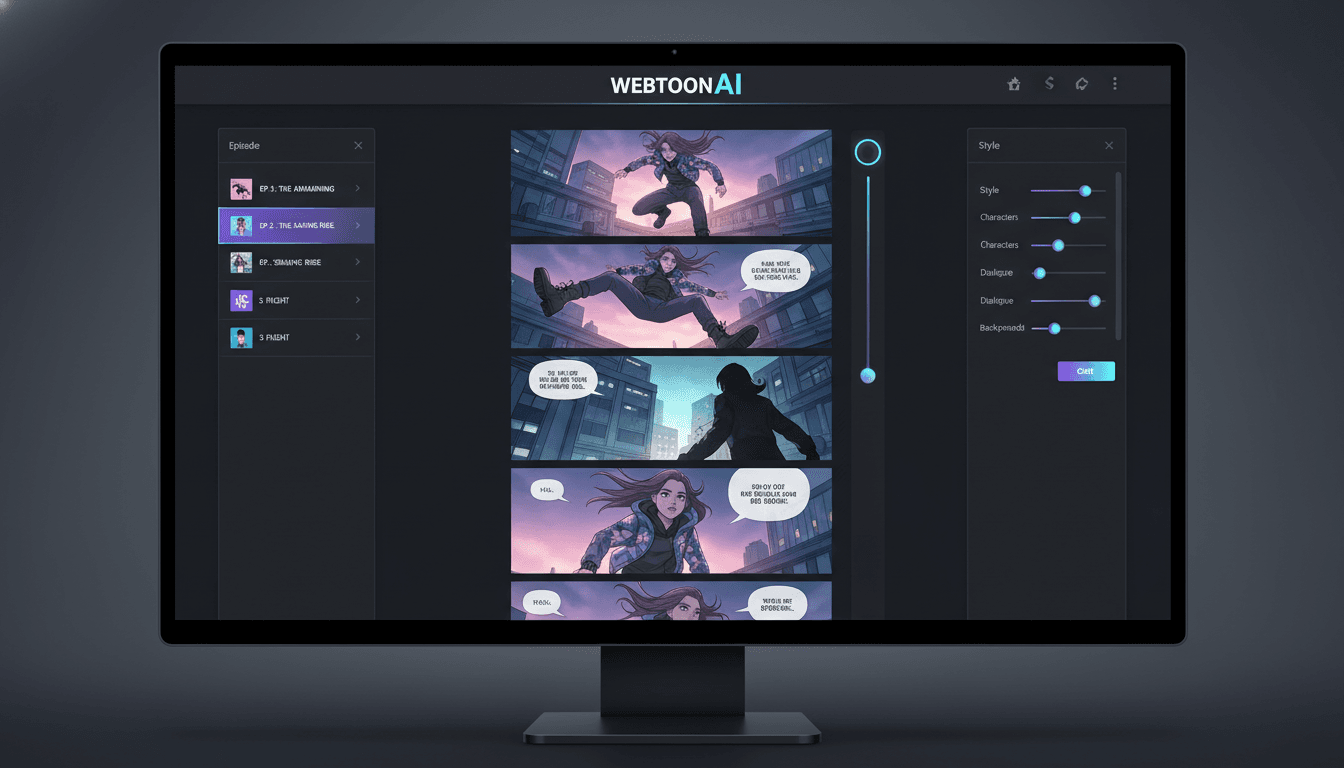 AI webtoon generator interface showing a generated full-color vertical-scroll webtoon episode with stacked panels and speech bubbles