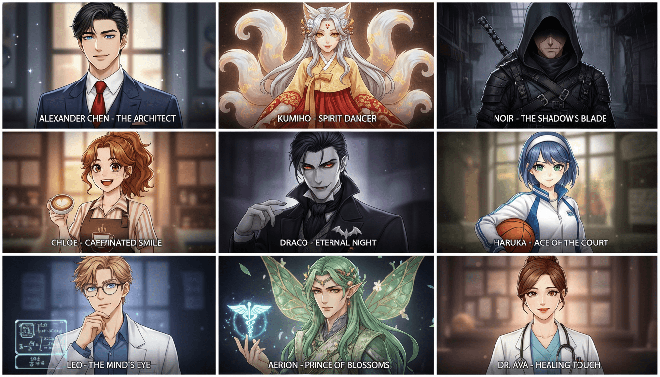 A roster grid of nine distinct full-color webtoon-style characters with diverse looks and outfits