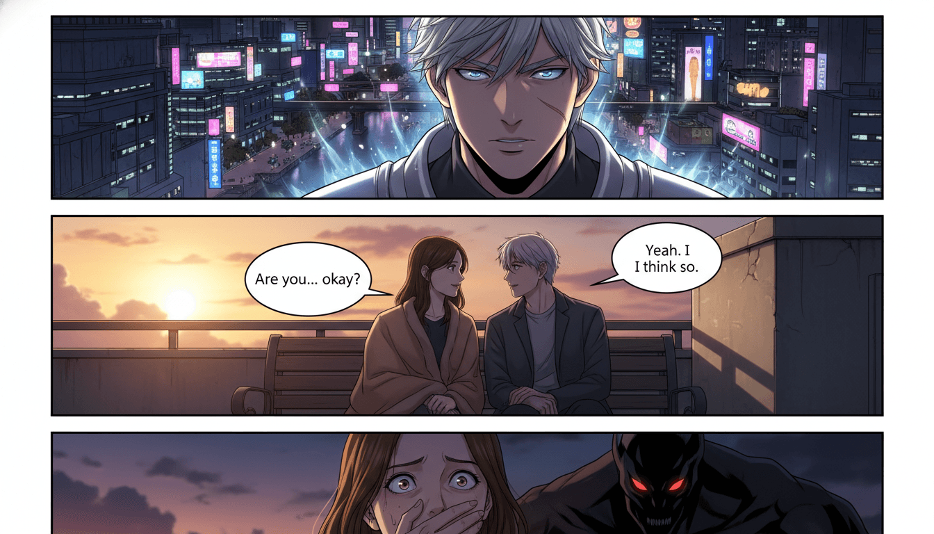A long full-color vertical-scroll webtoon episode with stacked panels, gutter spacing, and speech bubbles