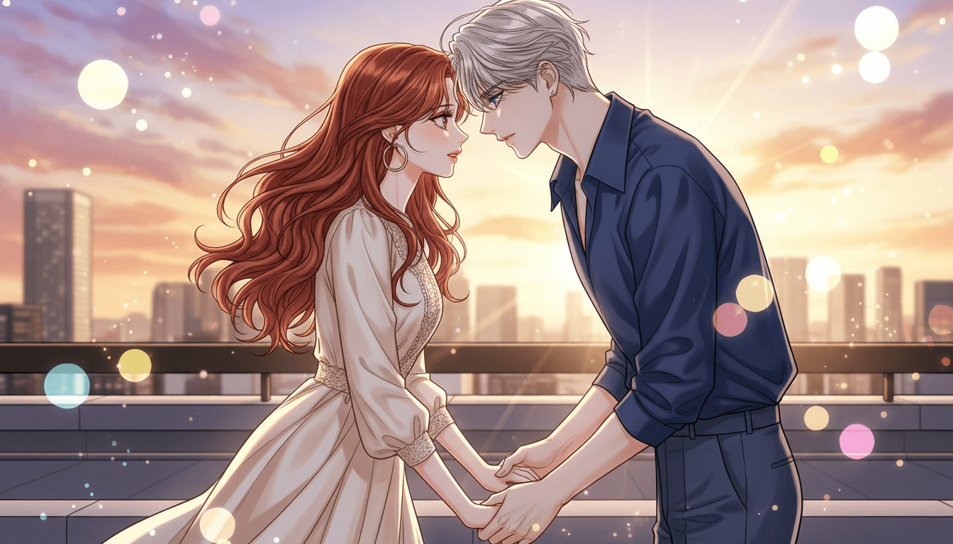 A glossy full-color romance webtoon panel of two stylish characters at golden hour