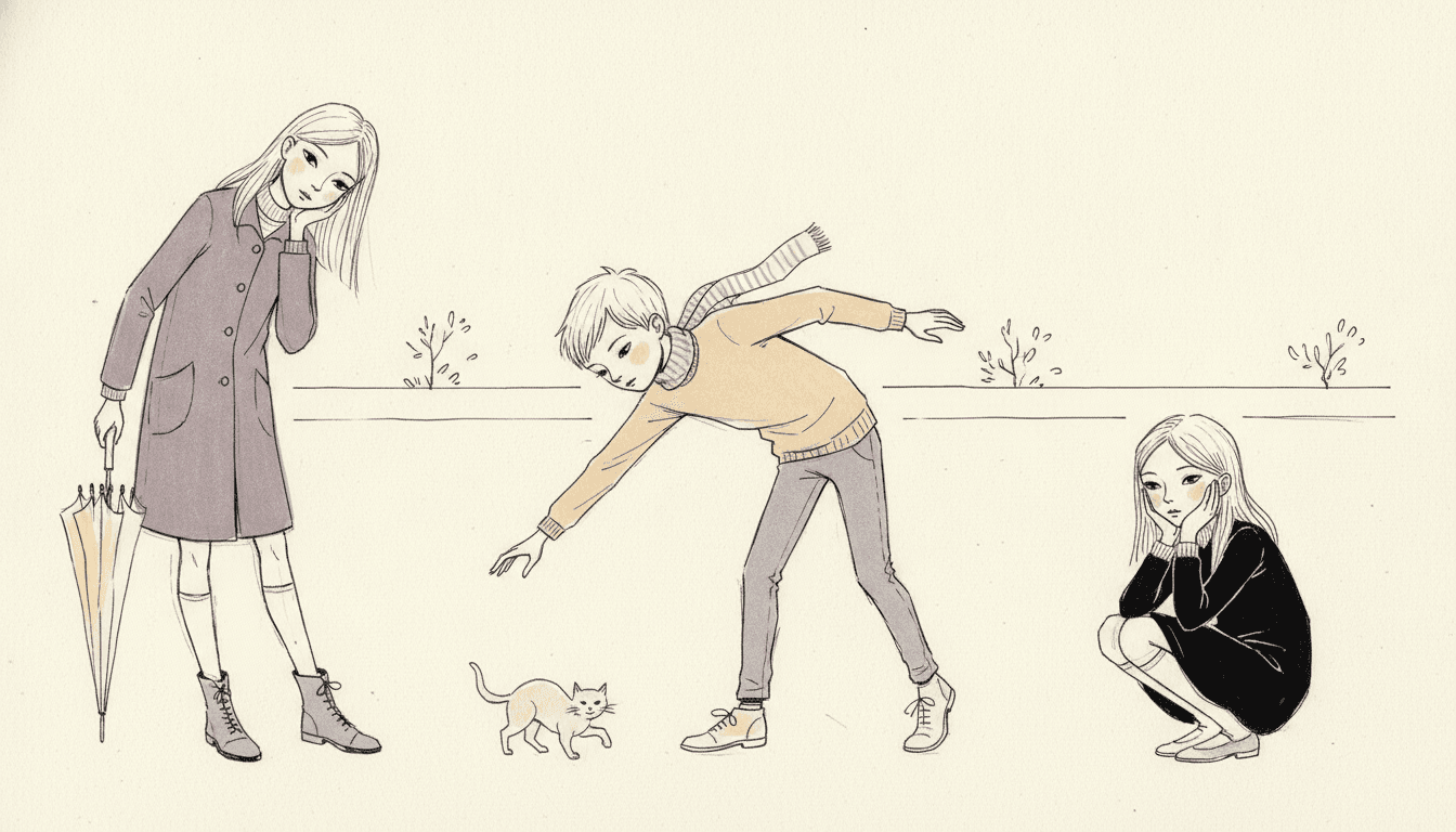 Three children spread across a bare cream page, each drawn in a fine broken ink line with only a patch or two of muted colour — on the left a tall girl in a dusty-violet coat standing with her head tipped right over onto her own shoulder, one hand against her cheek and a closed ochre umbrella hanging from the other; in the middle a boy in an ochre jumper with a striped scarf streaming out behind him, bent sideways from the waist with one long arm stretched down towards a small ginger cat and the other flung back; and on the right a girl in a black dress crouched low on her heels with her knees drawn up and both hands pressed flat to her cheeks — with nothing behind them but one straight horizon line and a few small bare shrubs