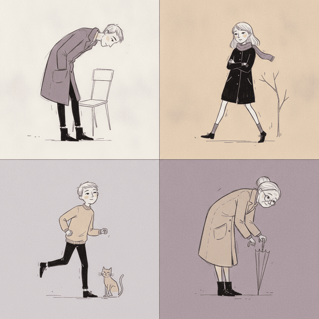 A two-by-two grid showing the whole palette of the style, each quarter one flat field — cream, pale ochre, pale grey-violet and a deeper violet — and each holding one figure filled with the other colours of the set: a stooped tall man in a mauve coat bending right over beside a plain chair, a girl in a black coat and violet scarf striding past a bare twig, a boy in an ochre jumper running with a small ginger cat beside him, and a grandmother in an ochre coat bent over with both hands resting on a closed umbrella — every colour in the picture muted and low in saturation, and every figure drawn in the same fine broken ink line