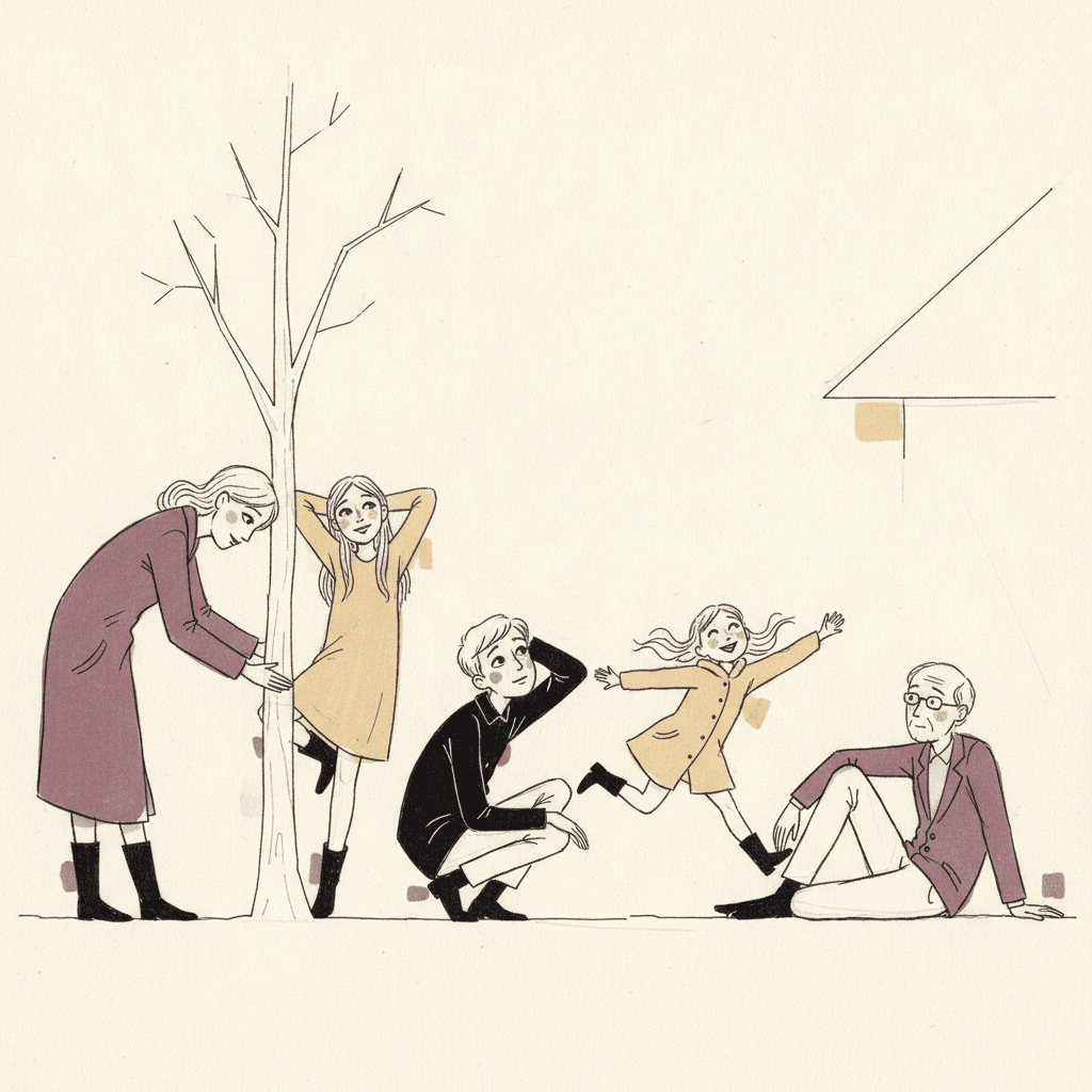 A bare cream square with one line for the ground, a tall leafless tree at the left and a single roof edge sketched in at the top right, holding five figures all drawn in the same fine broken contour: a woman in a long mauve coat bent right over with one hand on the trunk and her face resting against it, a girl in an ochre dress leaning back against the same tree with both hands behind her head and one foot propped on the trunk, a boy in a black coat crouched on his heels looking up with one hand behind his neck, a small girl in an ochre coat running with both arms flung wide and her hair streaming out, and a grandfather in a mauve jacket sitting on the ground with his legs stretched out and one hand planted behind him