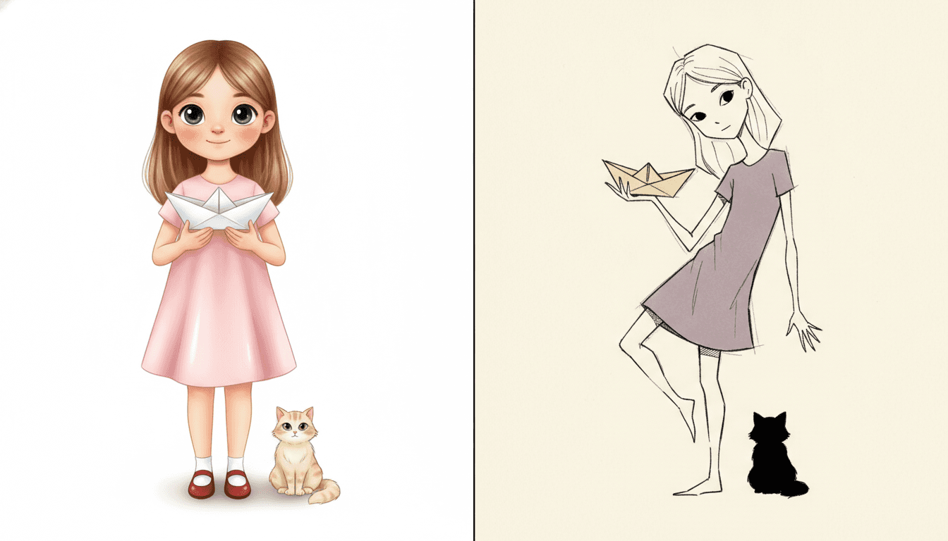 One frame split down the middle, showing the same girl with the same paper boat and the same cat drawn two ways. On the left a smooth polished illustration: her outline is one unbroken even line with no gaps, her proportions are rounded and cute with her head about a quarter of her height, her eyes are large and shiny, her pink dress carries softly blended shading, her paper boat has a white highlight on it and a soft shadow pools under her shoes as she stands straight, square and still, facing forward with her arms at her sides. On the right the same girl redrawn tall and thin, her head about a seventh of her height and her hands long and narrow, standing twisted with her hips facing one way and her shoulders the other, her head tipped down and one leg bent up behind her — her whole outline broken into short separate strokes with visible gaps and several fainter attempts left beside it, her dress one flat patch of bruised violet with no shading at all, her paper boat matte ochre with no shine, and the cat reduced to a single black silhouette