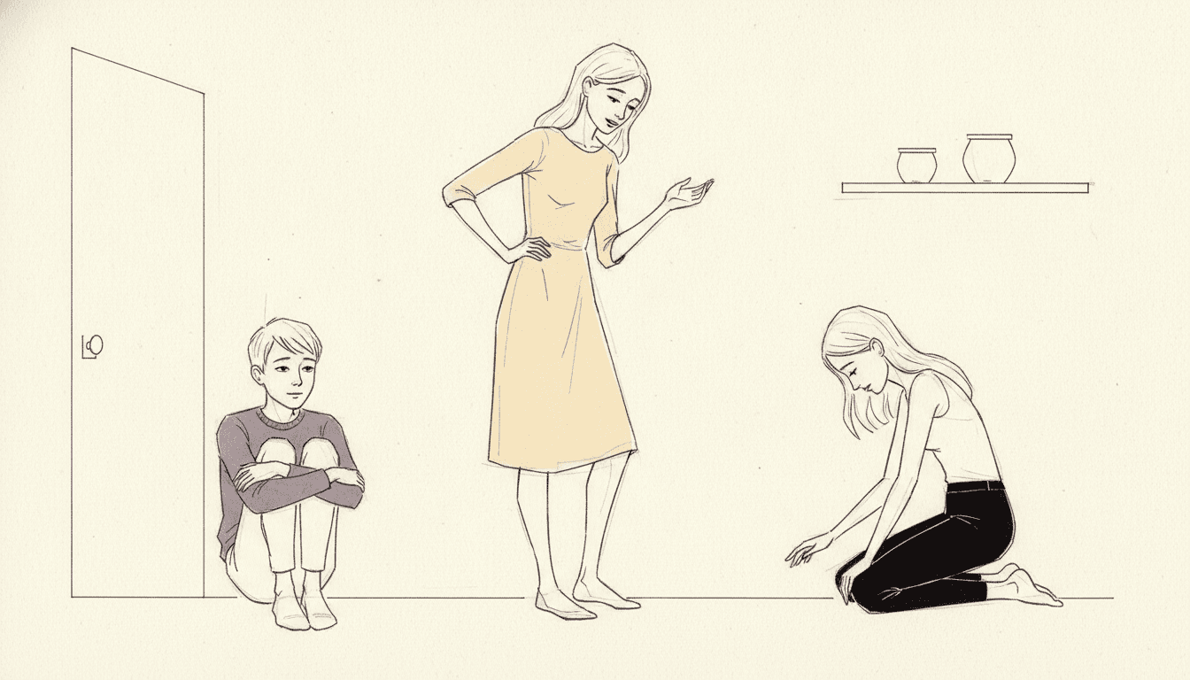 A quiet indoor scene drawn with almost nothing in it — one line for the floor, a plain doorway at the left and a narrow shelf holding two blank pots at the right — with three figures spread across the empty cream page: a boy in a dusty-violet jumper sitting on the floor against the doorframe with his knees pulled right up and both arms wrapped around them, a tall woman in an ochre dress standing with her weight thrown onto one hip, her body turned down towards him and one hand lifted halfway as if about to speak, and an older girl in a white top and black trousers kneeling with her head bowed and one long arm reaching down to touch the floor