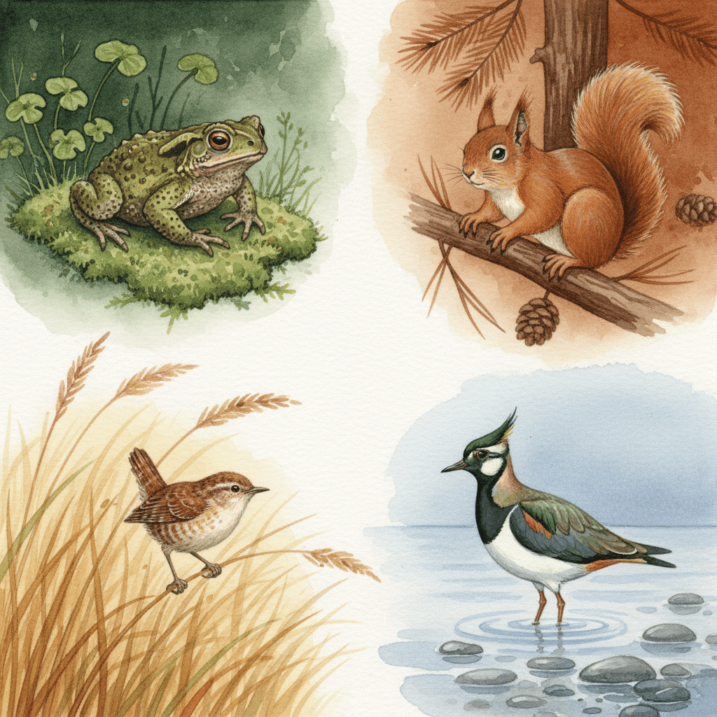 A square of four small naturalist watercolour vignettes, each built on one earthy colour — a common toad on deep moss green, a red squirrel on a pine branch against warm russet, a wren perched in straw-gold grasses, and a lapwing standing in pale dusty blue shallows among wet pebbles