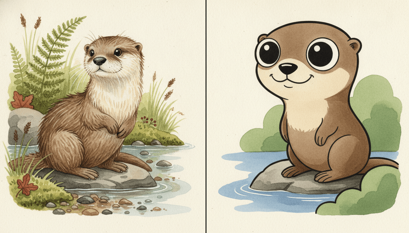 The identical otter on the identical rock painted twice side by side — on the left a real otter in naturalist animal watercolour with a broad flat head, dense wet chestnut fur in clumped strands, stiff white whiskers, webbed clawed feet and small dark eyes on a fully painted bank of ferns, moss and wet pebbles, and on the right the same pose redrawn as a cartoon with an enormous round head, huge glossy black eyes, a tiny button muzzle, a wide human grin, flat brown fill and thick black outlines