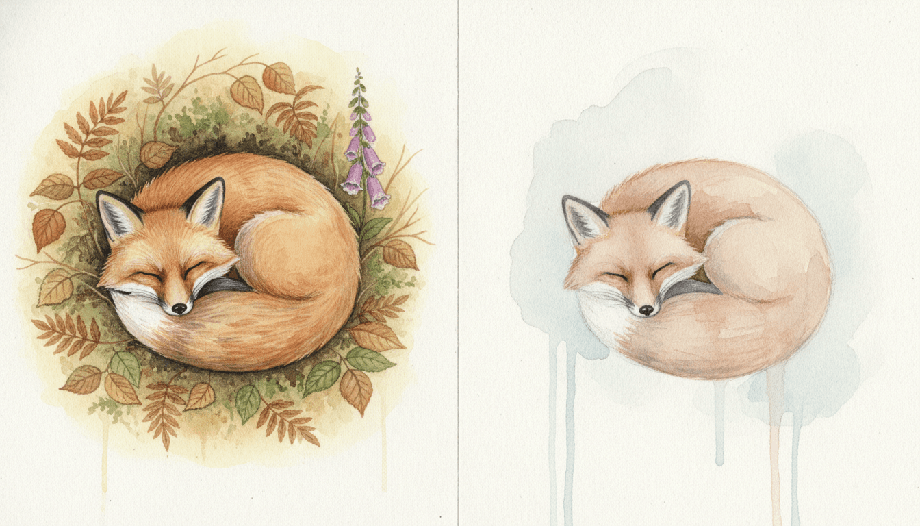 The same sleeping red fox painted twice side by side in watercolour — on the left in naturalist animal watercolour with layered russet guard hair, pale undercoat, the dark line of a closed eye and a white tail tip, in a fully painted hollow of bracken, birch leaves, moss and foxgloves, and on the right the identical fox dissolved into pale dilute wet-into-wet washes with no fur detail, no painted eye, no background at all and grey-blue drips running down bare white paper