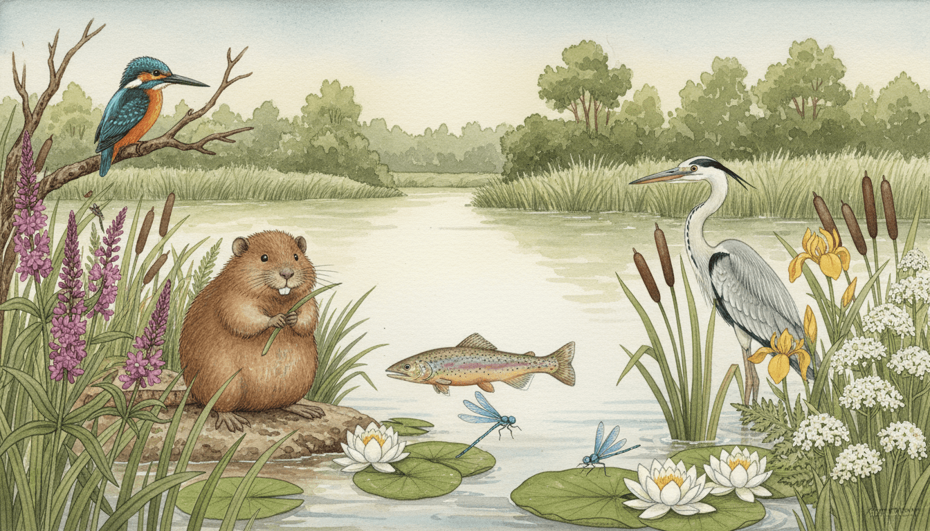 A wide naturalist watercolour river bank in high summer with a water vole sitting upright on the mud holding a cut green reed, a kingfisher in turquoise and burnt orange perched on a bare willow twig among purple loosestrife at the left, a grey heron standing motionless in the shallows at the right beside bulrushes and yellow flag iris, a brown trout holding in the clear water, two blue damselflies resting on lily pads and white water lilies open on the surface