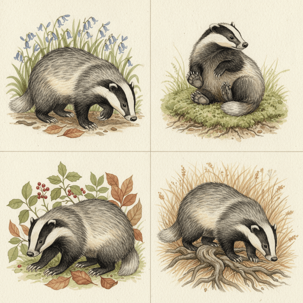 A square four-panel model sheet of the same badger in four poses — walking in profile through bluebells, sitting back on a mossy bank scratching its flank, nosing through leaf litter among red berries, and padding over tree roots in dry grass — with the identical two black face stripes, white-tipped ears, grizzled silver-grey back, black legs and pale claws in every panel