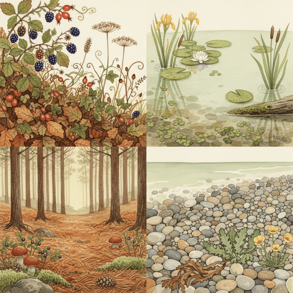 A square two-by-two grid of four fully painted habitats with no animals in them at all — an autumn hedgerow of blackberries, rosehips, ivy and fallen leaves, the edge of a still pond with lily pads and yellow flag iris over a pebbled bottom, a pine wood floor of rust-coloured needles, bilberry and red toadstools, and a shingle beach of grey and ochre pebbles with sea kale and yellow horned poppy