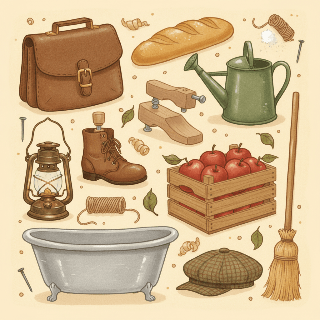 Square flat-lay of nine objects from a little animal town — a leather postman’s satchel, a crusty loaf, a watering can, a boot on a cobbler’s last, a tin bath, an oil lantern, a crate of apples, a bristle broom and a tweed cap — with wood shavings, nails and string scattered between them