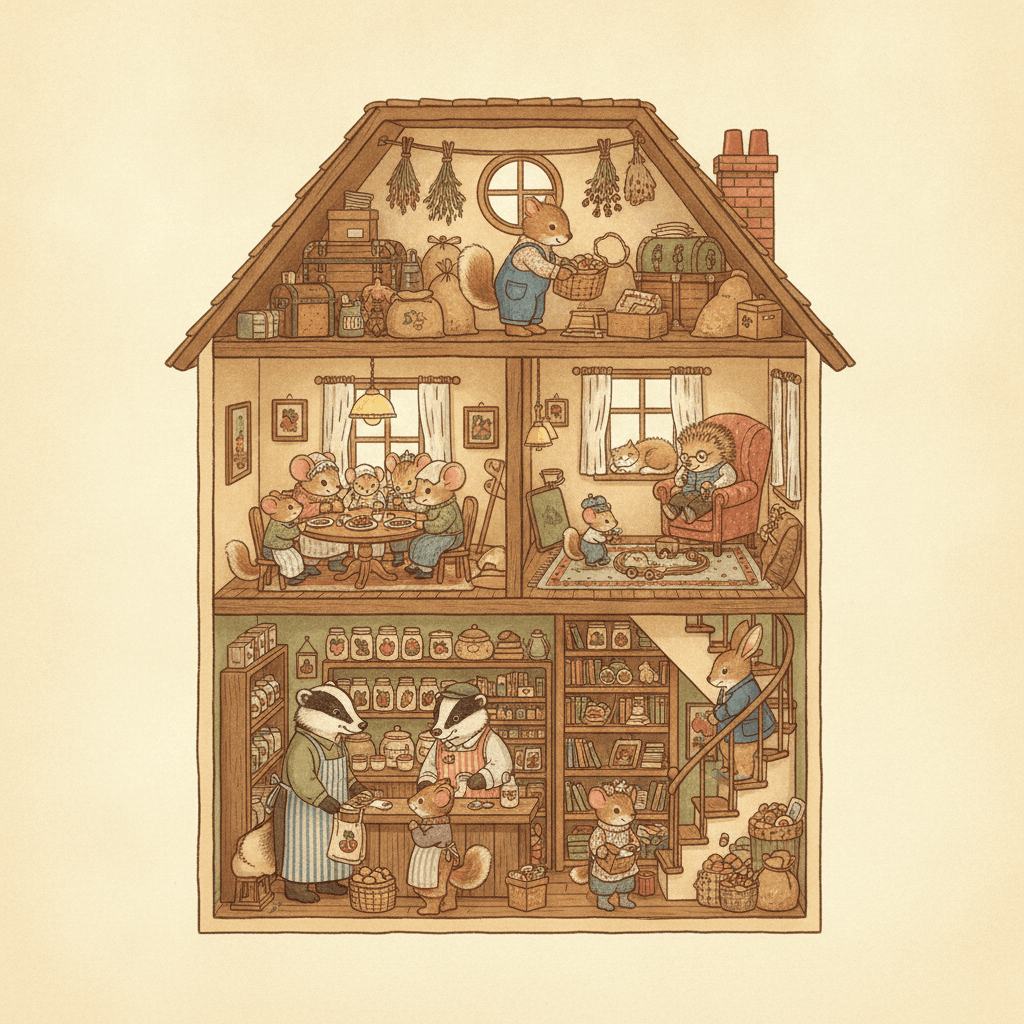 Square cutaway cross-section of a tall animal town house with its front wall removed, showing all four floors occupied at once — a badger serving customers in the shop below, a mouse family at supper, a hedgehog reading beside a bookshelf while a small one plays with a wooden train, and a squirrel sorting trunks in the attic