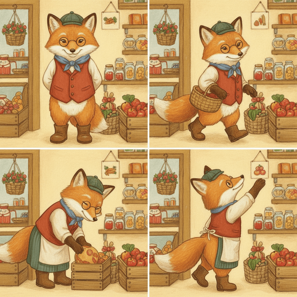Square four-panel sheet showing the same fox character in four poses — standing, walking with a basket, bending down and reaching up to a shelf — wearing the identical rust-red waistcoat, dusty blue neckerchief, round spectacles and brown boots each time, against shop shelves and crates