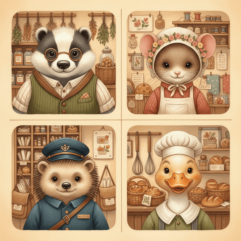 Square four-panel sheet of four dressed animal townspeople drawn head and shoulders — a stout badger in a striped waistcoat and spectacles, a mouse in a flowered bonnet, a hedgehog postman in a peaked cap and a duck in a baker’s cap — every face kindly and cheerful rather than stern
