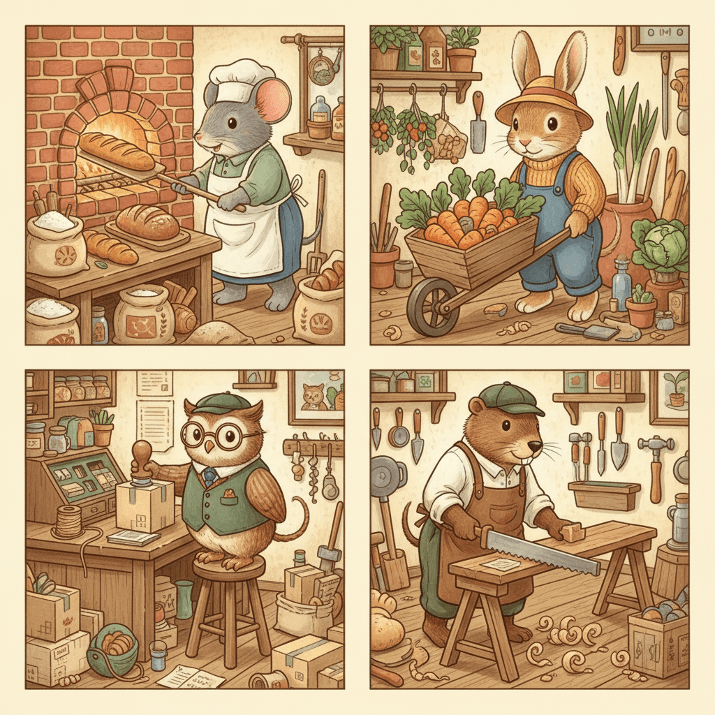 Square two by two grid of four dressed animals at work — a mouse baker sliding a loaf into a brick oven, a rabbit gardener pushing a barrow of carrots, an owl clerk stamping parcels at a high desk and a beaver carpenter sawing a plank on trestles — each surrounded by the tools of its trade