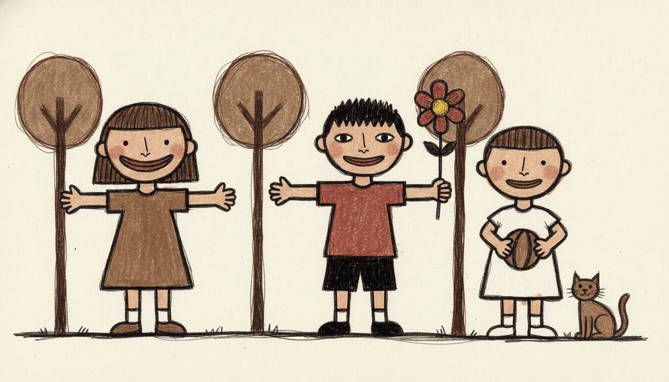 Three children standing in a row on a chalky cream page, each outlined in a thick wobbly ink line and filled with flat brown and brick red: a girl in a brown dress with both arms stuck straight out sideways, a boy in a red t-shirt and black shorts holding one big flower up beside his head with his other arm out, and a smaller child in a white dress holding a round brown ball in both hands with a brown cat sitting at her feet. Three plain brown lollipop trees stand behind them on one wobbly ground line, and nothing in the picture casts a shadow
