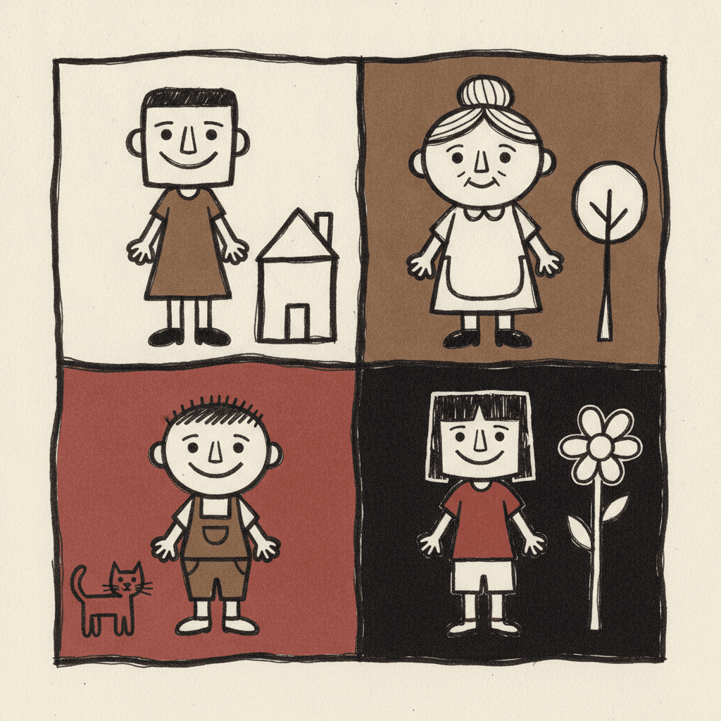 A two-by-two grid showing the whole palette of the style, each quarter one flat field — cream, earthy brown, brick red and ink black — and each holding one figure and one object drawn in the same thick wobbly outline: a woman in a brown dress beside a plain house, a grandmother in a white apron beside a bare tree, a boy in brown dungarees with a small cat, and a girl in a red t-shirt beside a white flower. Four raw colours and nothing bright or saturated anywhere