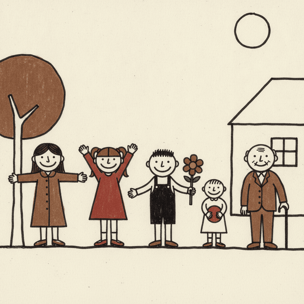 Five figures standing along one wobbly ground line on a cream page — a woman in a long brown coat with her arms out, a girl in a red dress with both arms stretched up, a child in black dungarees holding a flower, a small child in white holding a red ball, and a grandfather in a brown suit with a walking stick. A brown tree, an outlined house and a plain circle for the sun sit around them, all at the same flat distance with no overlap and no cast shadow