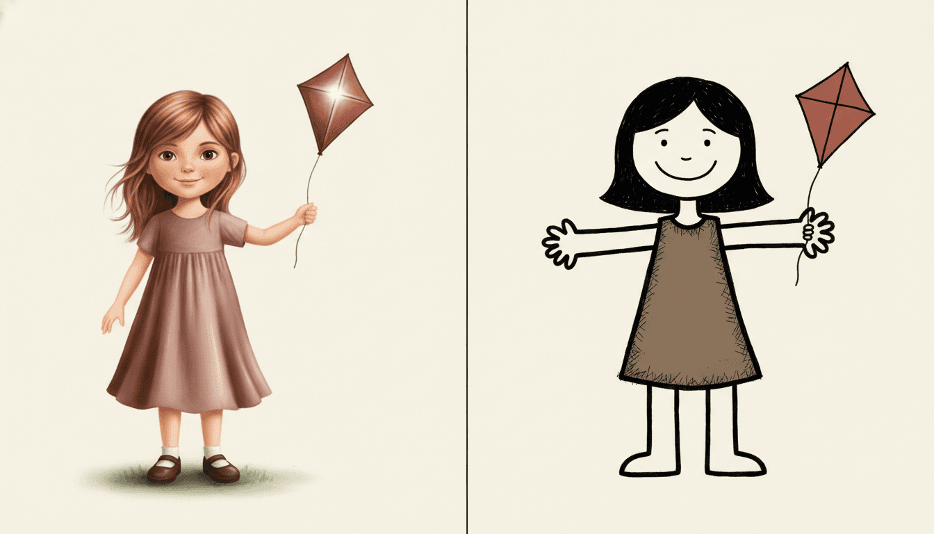 One frame split down the middle, showing the same girl with the same kite drawn two ways. On the left a smooth polished illustration: her hair rendered strand by strand, soft folds shaded into a dusty-pink dress, correctly proportioned arms and five-fingered hands, a bright white star of highlight on the kite, and a soft shadow pooling into a patch of green grass under her shoes. On the right the same girl redrawn in a thick wobbly black outline — her head a plain circle on almost no neck, her hair one solid black shape rather than strands, her arms two straight tubes stuck out sideways ending in mitten hands, her legs two more tubes, her brown dress a flat patch scratched over with short pen marks, her kite the same shape but completely matte with no shine on it, and no shadow and no ground beneath her at all