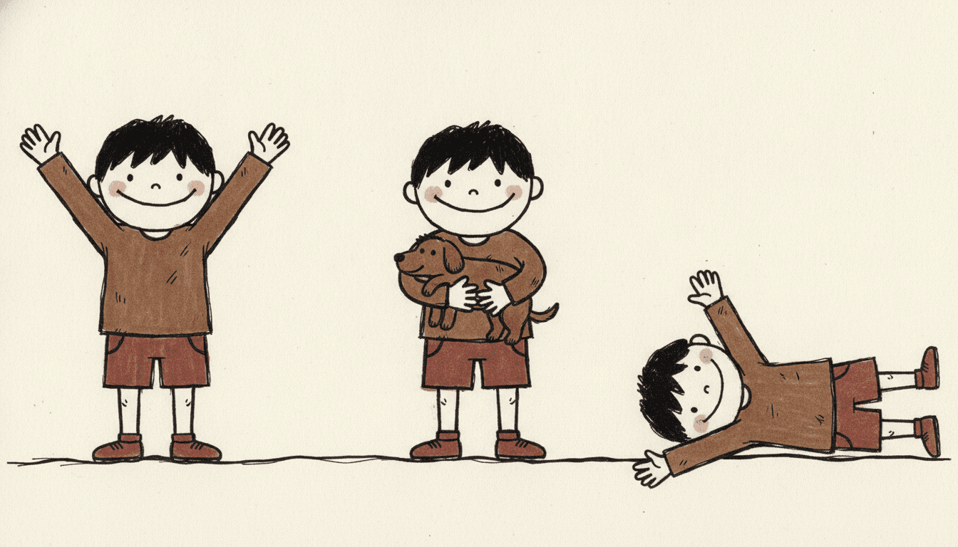 The same boy in a brown jumper and brick-red shorts drawn three times across one cream page, each time doing one plain act: standing with both arms stretched straight up, standing holding a small brown dog against his chest, and lying flat on his back along the ground line with one arm raised. The lying figure has not been redrawn from a new angle — it is the same flat frontal drawing simply turned on its side. One wobbly ink line runs beneath all three for the ground, and nothing casts a shadow