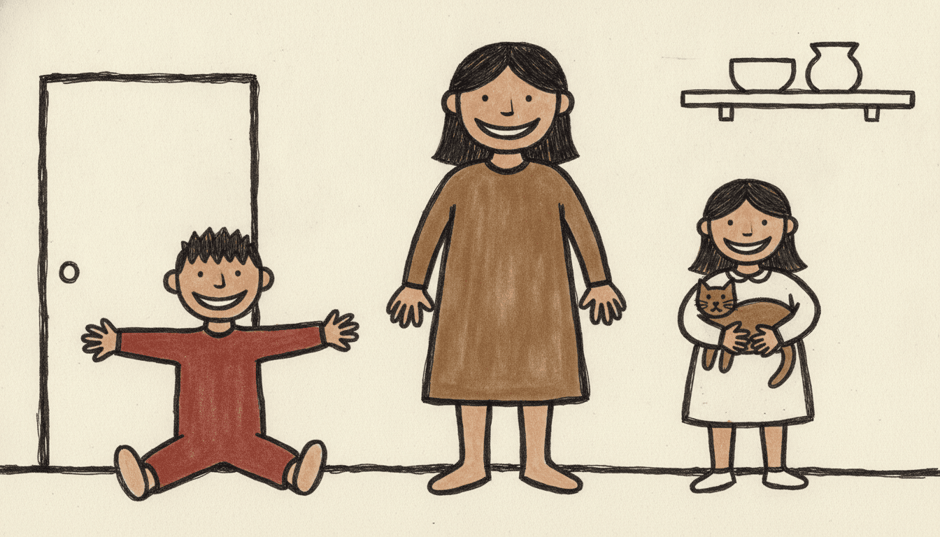A flat indoor scene drawn with almost nothing in it: a plain doorway outlined on the left, a narrow shelf holding one bowl and one pot on the right, and no corner, no wall and no perspective anywhere. Three figures stand and sit along one ground line — a boy in brick red sitting on the floor with both legs straight out and both arms out, a tall woman in a long brown dress standing with her arms down, and a girl in a cream dress holding a brown cat against her chest. Every shape sits at the same distance and nothing is lit from any direction