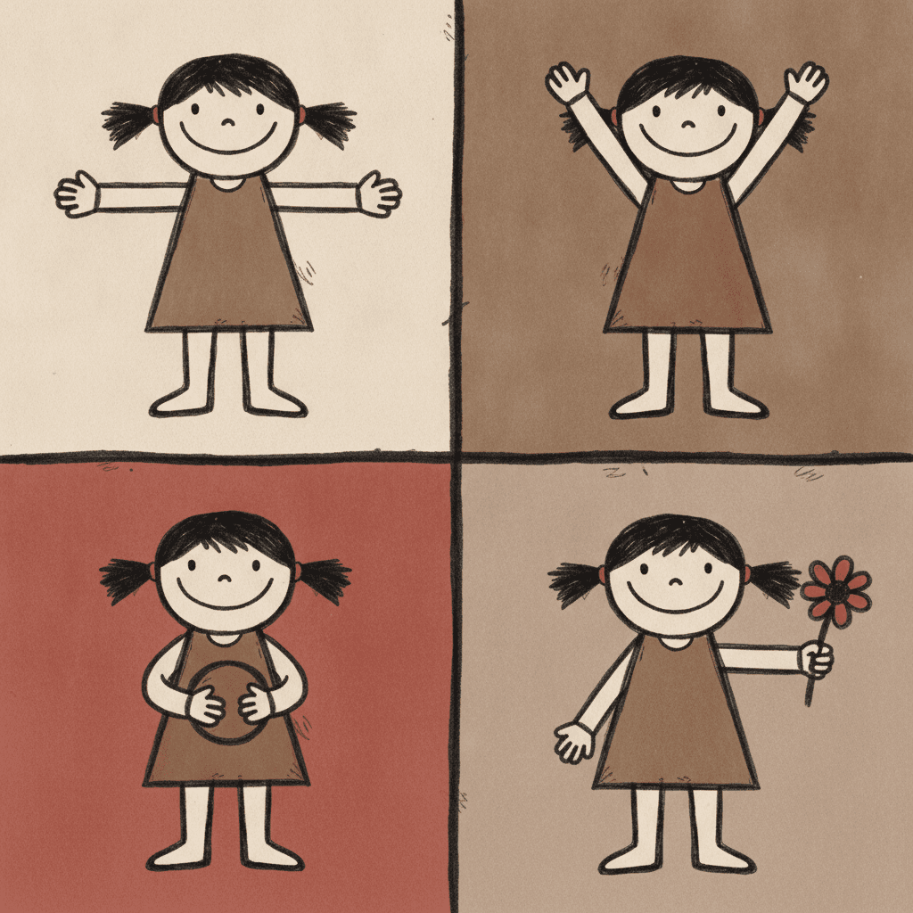 A two-by-two grid of four flat colour fields — cream, brown, brick red and pale grey-brown — each holding the same girl with black pigtails and a brown pinafore, drawn four times doing four plain acts: both arms stuck straight out sideways, both arms stretched straight up, holding a dark round ball in both mitten hands, and holding one red flower out to one side. The same build, the same big head and the same thick wobbly outline in every quarter