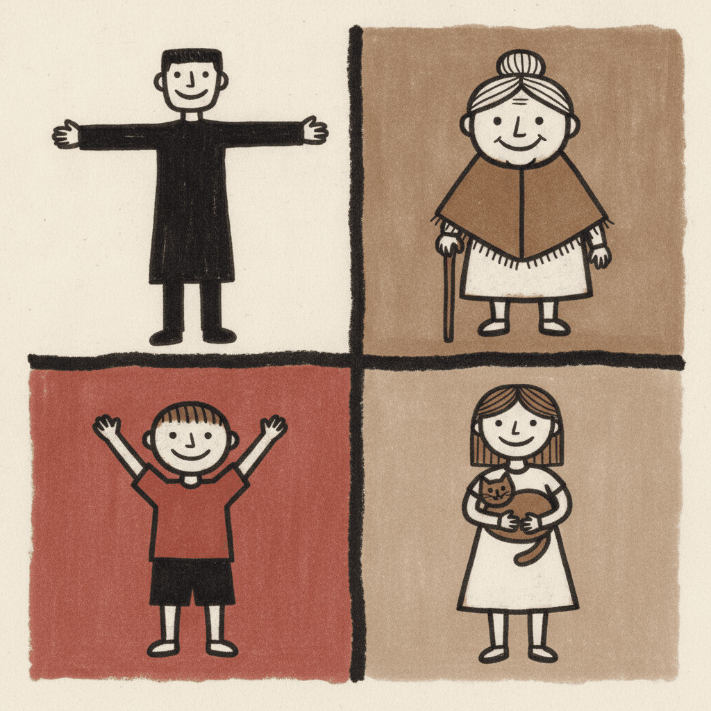 A two-by-two grid of four flat colour fields, each holding one figure told apart from the others by shape alone: on cream a very tall thin man in a long black coat with both arms out, on brown a grandmother with a white bun in a brown cape over a cream skirt holding a thin walking stick, on brick red a small round boy in a red t-shirt and black shorts with both arms stretched up, and on pale grey-brown a girl in a cream dress holding a brown cat. Every one of them is drawn in the same thick wobbly ink outline with a big head, stumpy arms and mitten hands