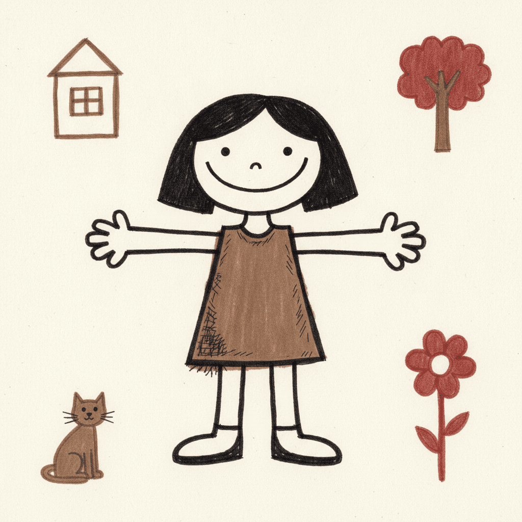 One girl standing alone in the centre of a cream square, drawn as a plain human symbol: a big head with a solid black bob, a brown pinafore filled flat and scratched over with short pen marks, two long arms stretched out to both sides ending in mitten hands, and two tube legs in white boots. Four simple objects sit around her on the empty paper, one towards each corner — a brown house with a four-pane window, a red tree, a brown cat sitting with its tail curled, and one big red flower — and nothing anywhere has a shadow or a highlight