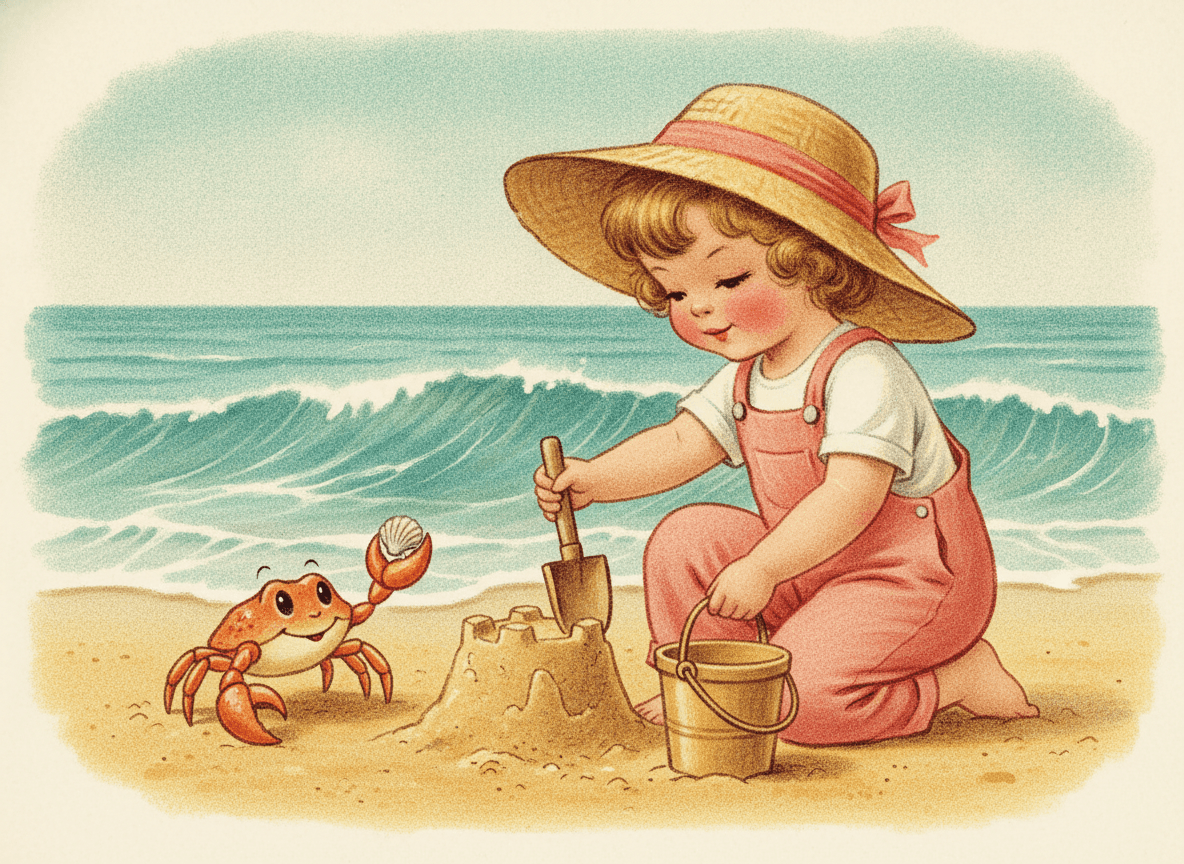 Classic storybook style illustration of a sweet child building a sandcastle beside a gentle little orange crab on a golden beach