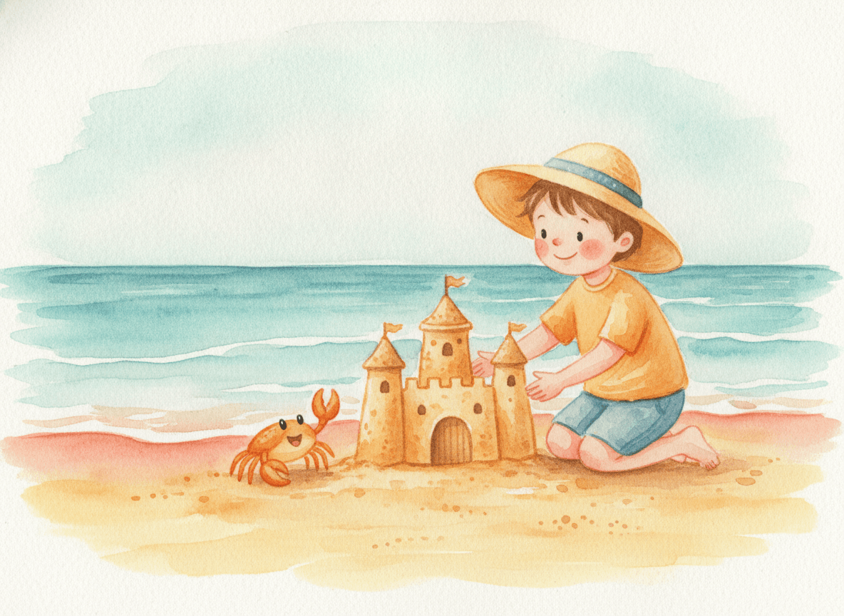 Watercolor style beach story illustration of a happy child kneeling beside a sandcastle next to a cheerful little orange crab