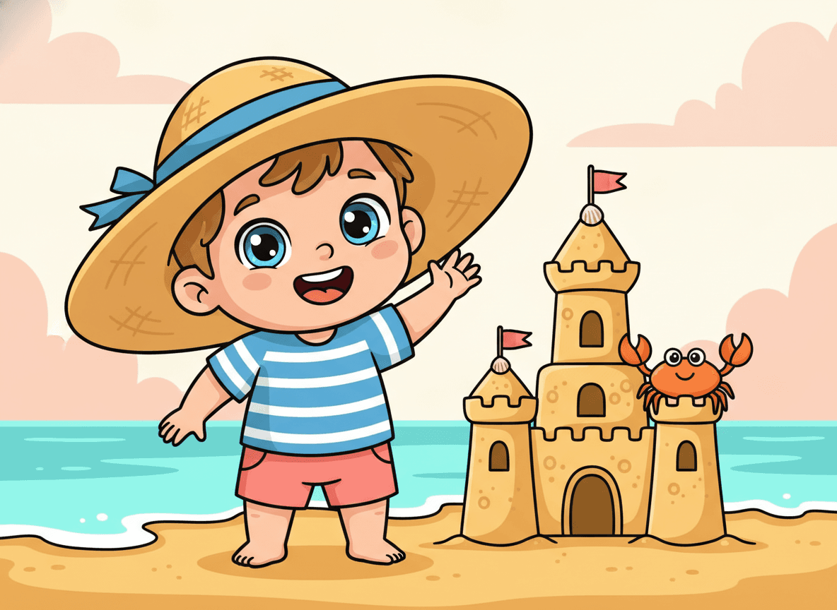 Cartoon style beach story illustration of a happy child giving a cheerful wave beside a sandcastle and a smiling little orange crab