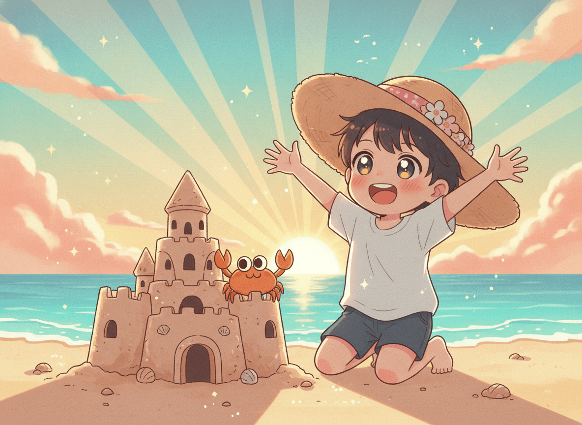 Anime style beach story illustration of a cute child in a sun hat and a friendly little orange crab by a sandcastle with sparkles