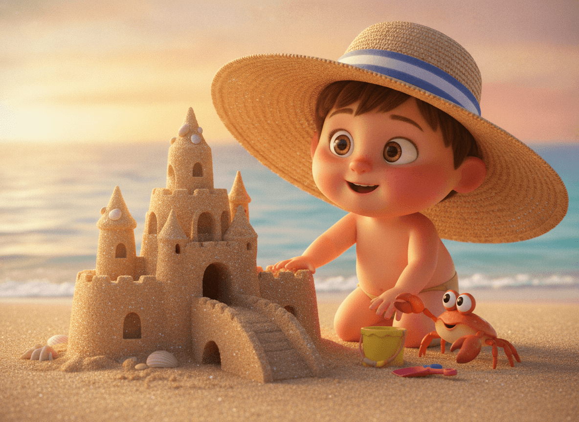 Cinematic 3D style beach story illustration of an adorable child kneeling beside a sandcastle and a cute little orange crab at golden hour