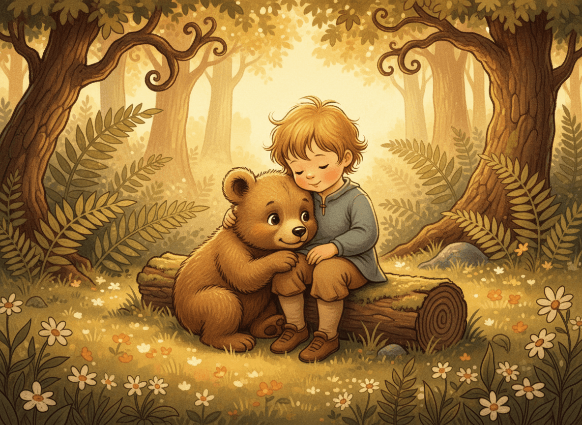 Classic storybook style illustration of a sweet child in a cozy forest glade with a fluffy brown bear cub nestled beside them
