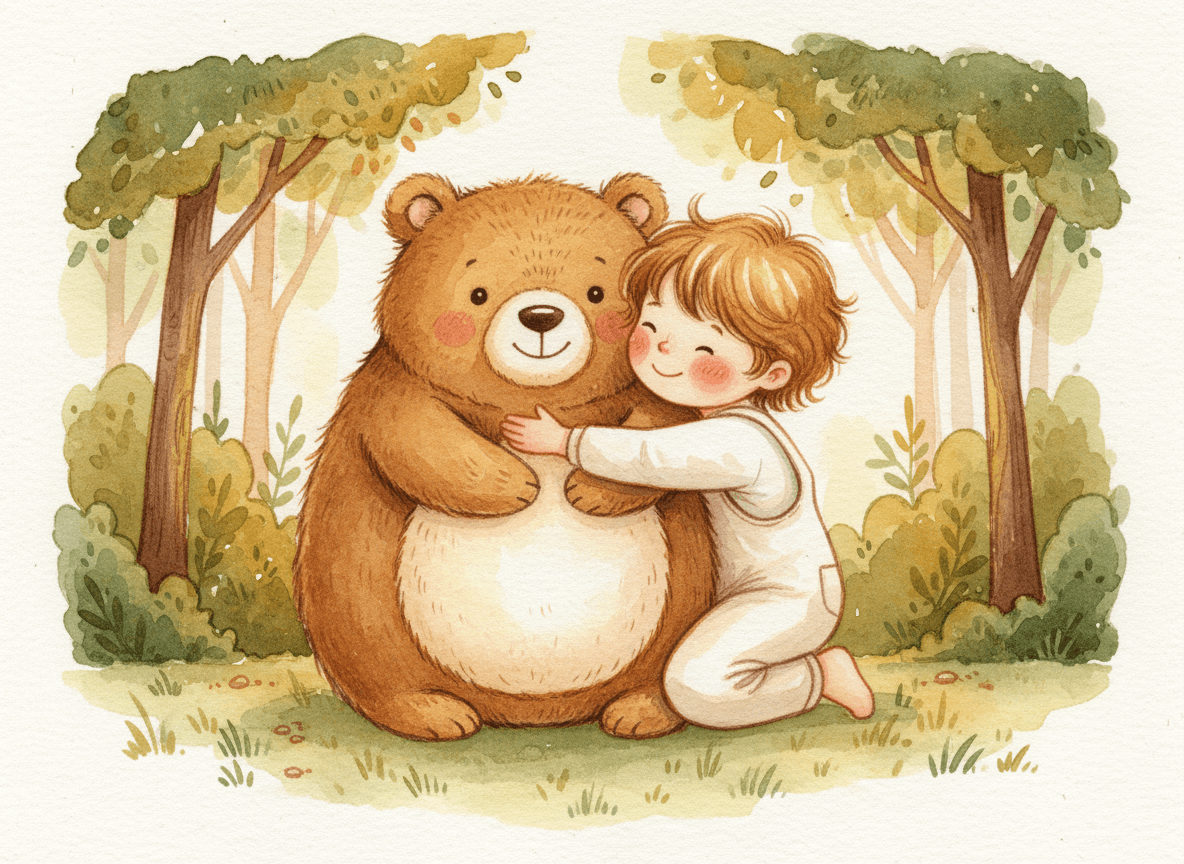 Watercolor style bear story illustration of a happy child cuddling a fluffy friendly brown bear cub with a soft cream tummy