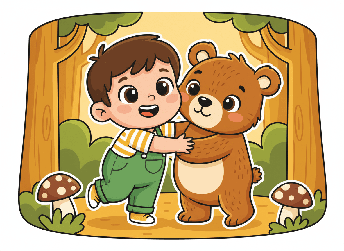 Cartoon style bear story illustration of a happy child hugging a cheerful fluffy brown bear cub with round ears