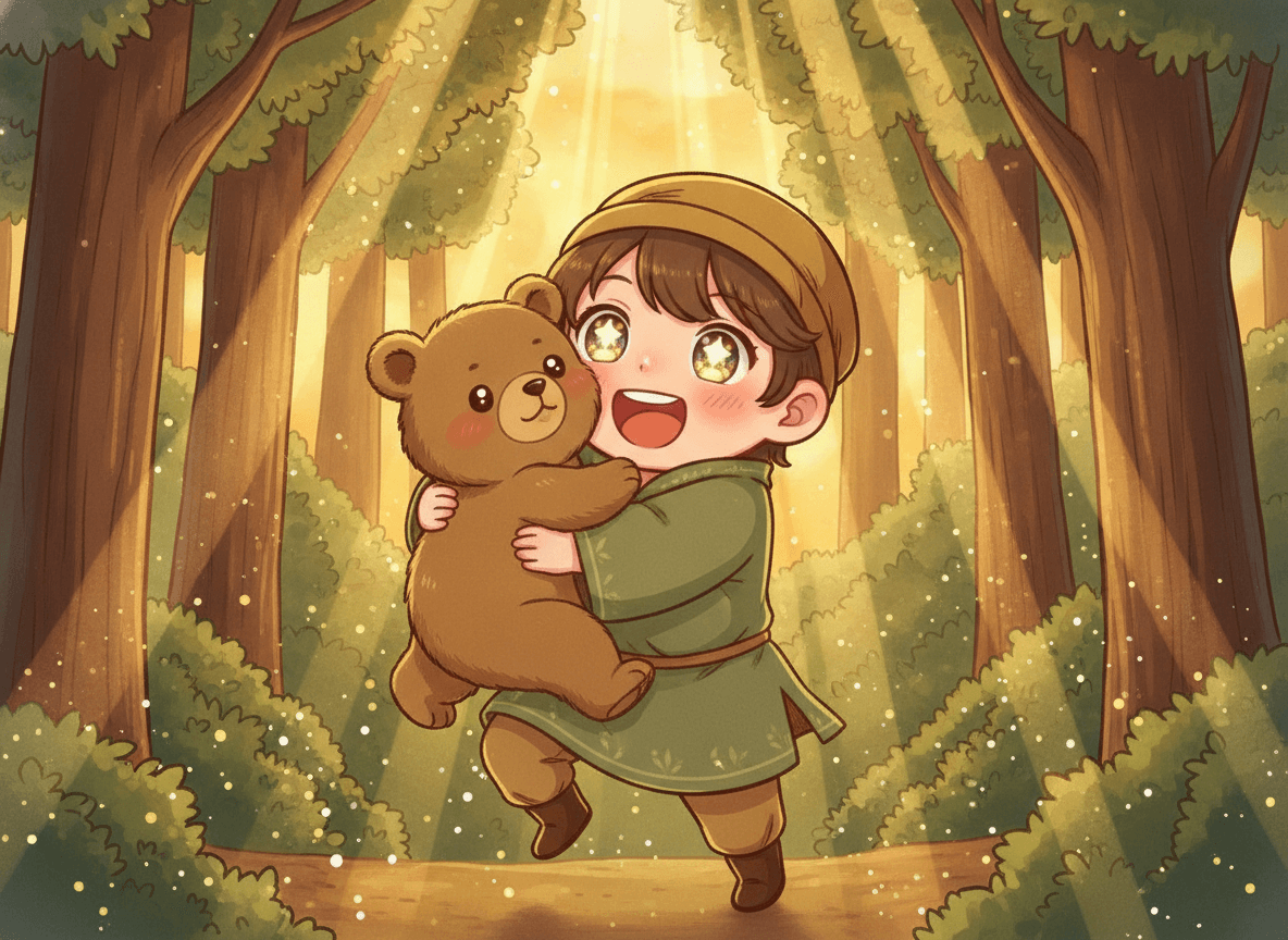 Anime style bear story illustration of a cute child with sparkling eyes holding a fluffy friendly brown bear cub