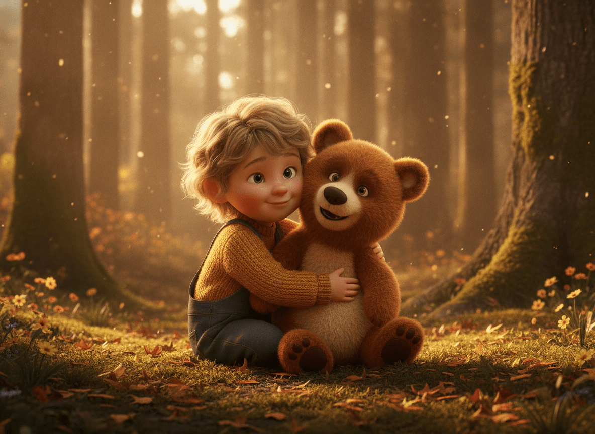 Cinematic 3D style bear story illustration of an adorable child cuddling a fluffy brown bear cub in a woodland clearing at golden hour